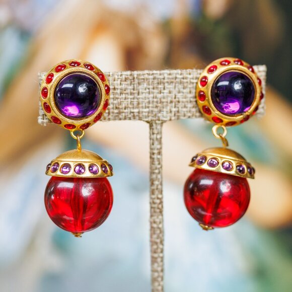 Vintage Poured Purple Glass Cabochons Drop Clip-ons - Picture 3 of 4